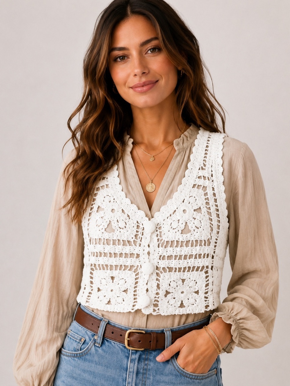 Crochet Knit Cropped Sleeveless Sweater Cardigan in white size M